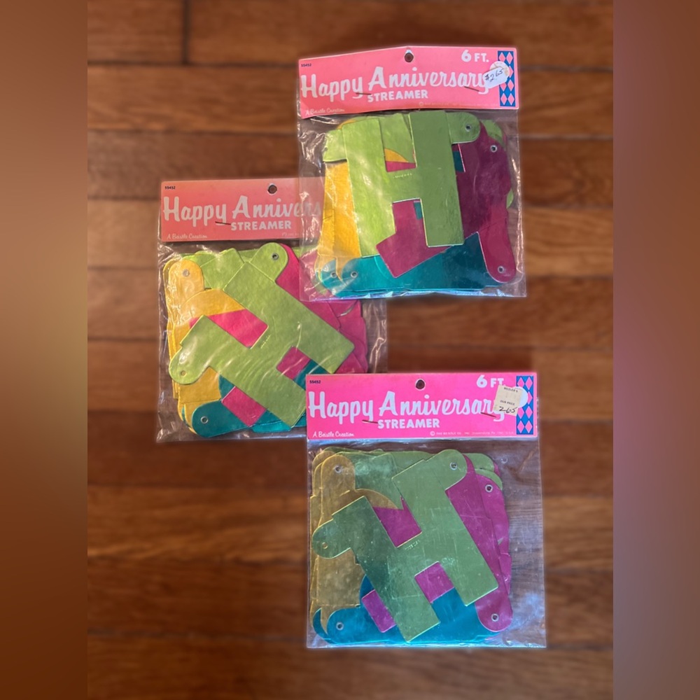 Vintage Beistle Happy Anniversary Streamer - Multicolor Metallic Party Banner